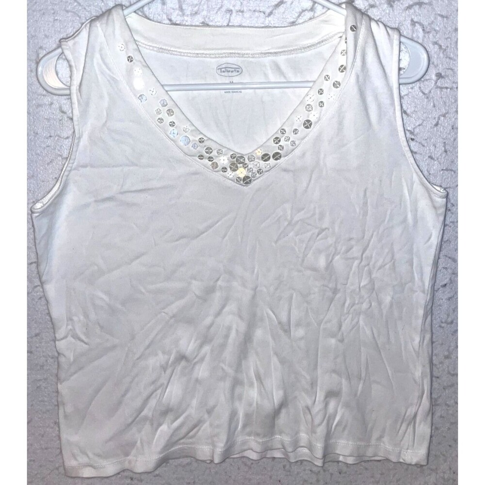 TALBOTS V-NECK TANK TOP WOMENS M WHITE Sleeveless Bling Embellished 100% Cotton
